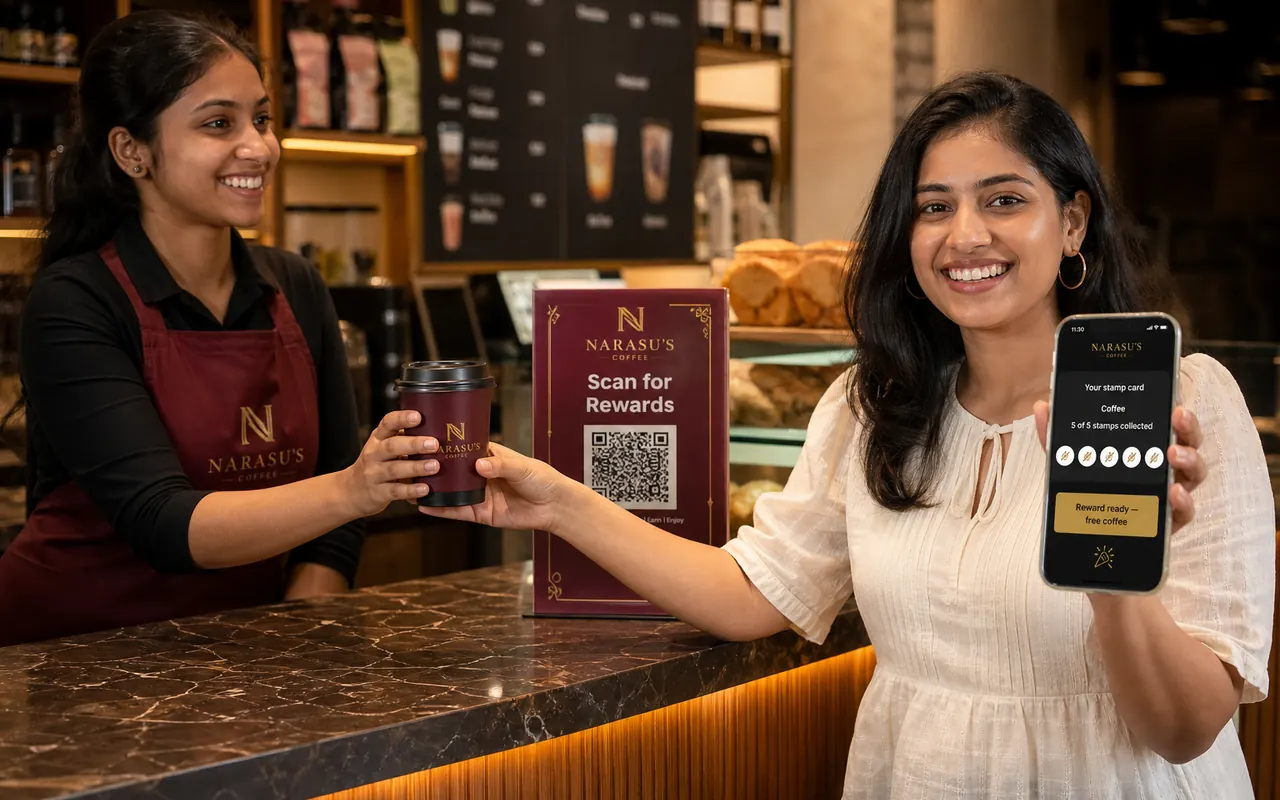 Staff handing over a free reward at the counter
